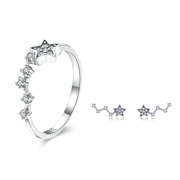 Sterling Silver Star Ring & Earrings Set PWB449