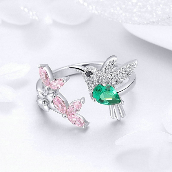 925 Sterling Silver Bird & Flower Ring PWB465