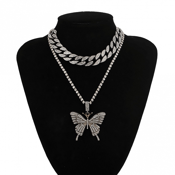 2Pcs Sparking Crystal Pave Butterfly Pendant Necklace PW936