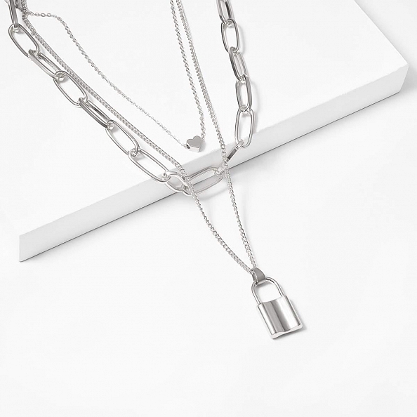 Lock Key Pendant Punk Long Chain  Layered Necklace PW828