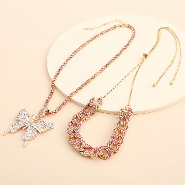 2Pcs Sparking Crystal Pave Butterfly Pendant Necklace PW936