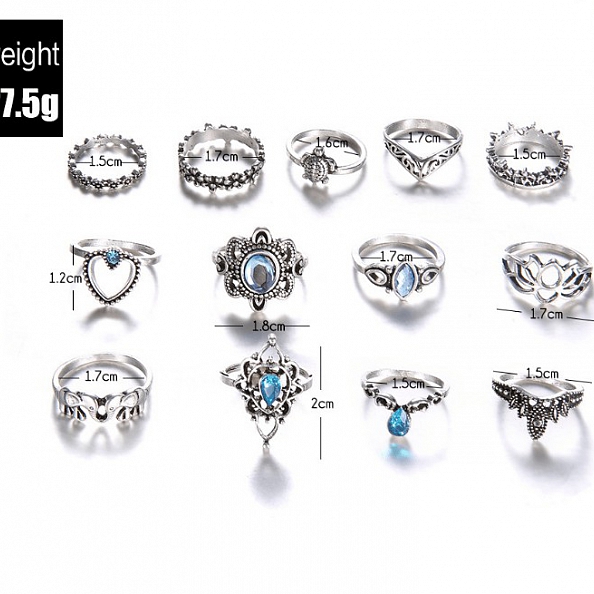 13pcs/set Retro Engraved Crown Star Rings PWB088