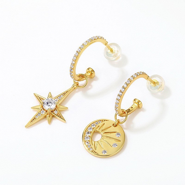 Gold Plated Sun and Star Dangle Earrings PWB290