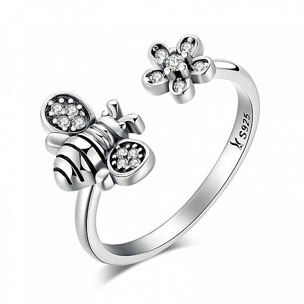 925 Sterling Silver Bee & Flower Ring PWB564