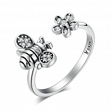 925 Sterling Silver Bee & Flower Ring PWB564
