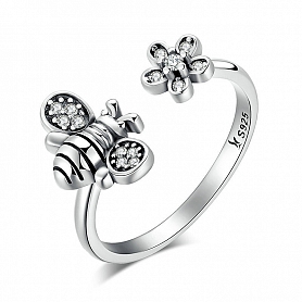 925 Sterling Silver Bee & Flower Ring PWB564