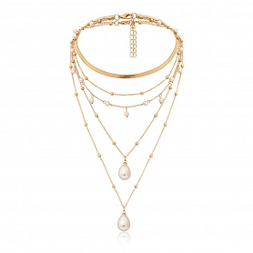 Water Drop Pearl Pendant Gold Multi Layered Necklace PW988