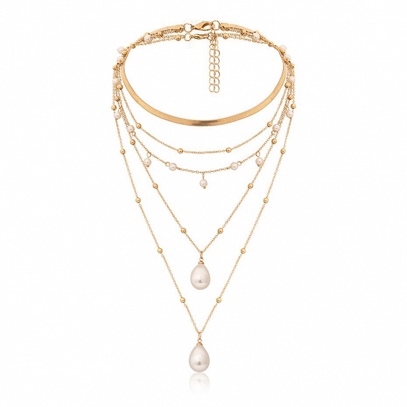 Water Drop Pearl Pendant Gold Multi Layered Necklace PW988