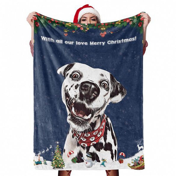 Christmas Dog Blanket Gift Custom Dog Blankets Pet Photo Painted Art Portrait Fleece Blanket PW085