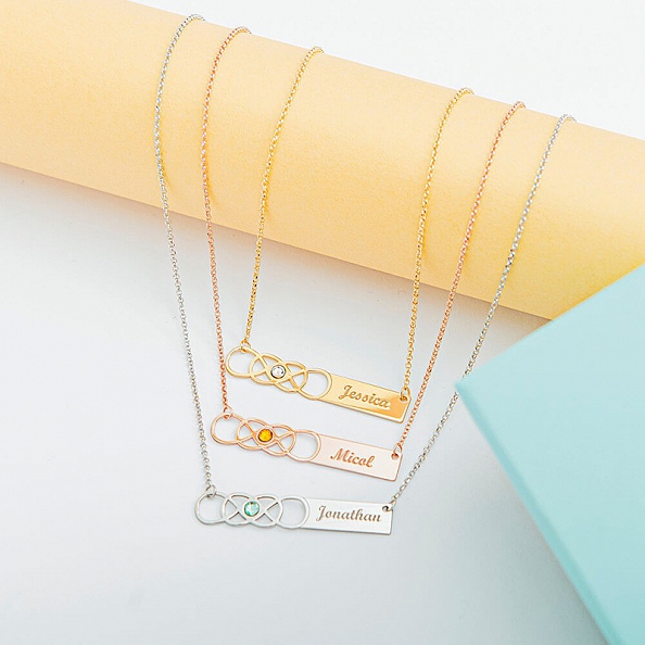 Double Infinity Bar Necklace With Birthstone and Name PWB029