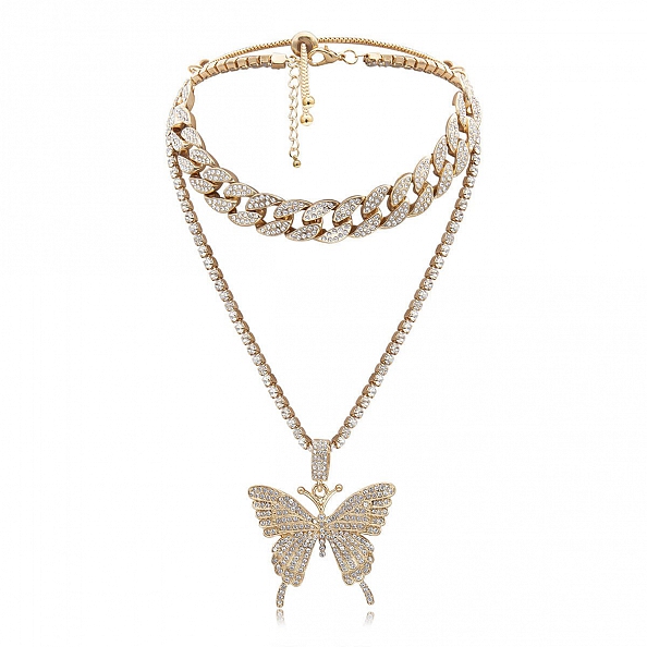 2Pcs Sparking Crystal Pave Butterfly Pendant Necklace PW936
