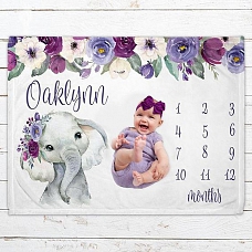 Personalized Baby Girl Miletone Blankets, Baby Girl Elephant Blankets, Personalized Name Blankets, Baby Shower Gift PW145