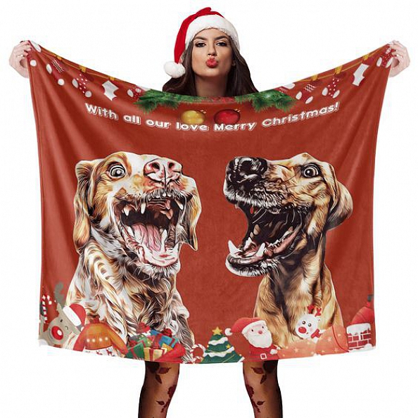 Christmas Dog Blanket Gift Custom Dog Blankets Pet Photo Painted Art Portrait Fleece Blanket PW081