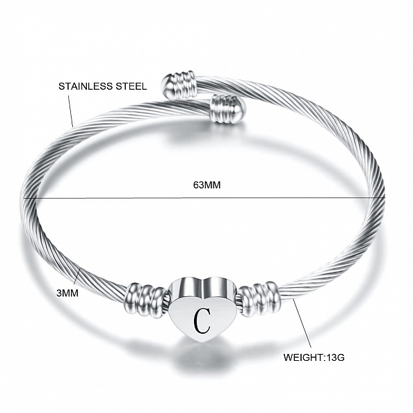 Heart Charm Bangle With Initial Alphabet PW880