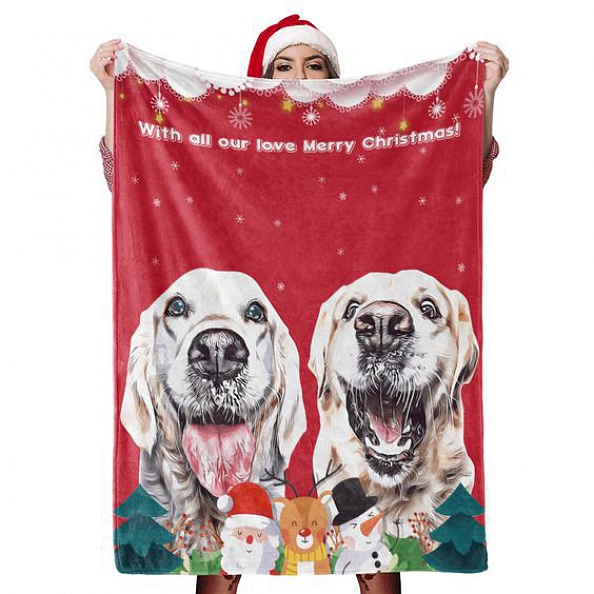 Christmas Dog Blanket Gift Custom Dog Blankets Pet Photo Painted Art Portrait Fleece Blanket PW075