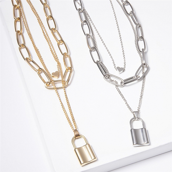 Lock Key Pendant Punk Long Chain  Layered Necklace PW828