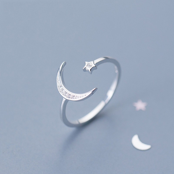 Moon & Star Sterling Silver Ring PWB284