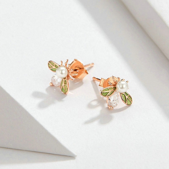 Rose Gold Pearl Bee Stud Earrings PWB441