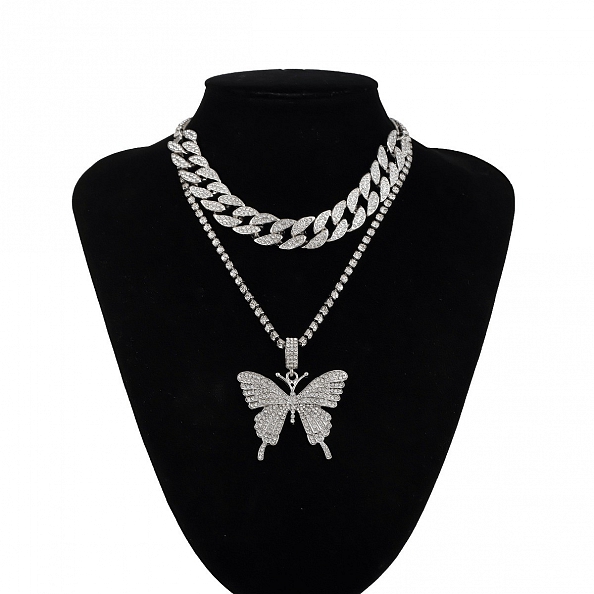 2Pcs Sparking Crystal Pave Butterfly Pendant Necklace PW936