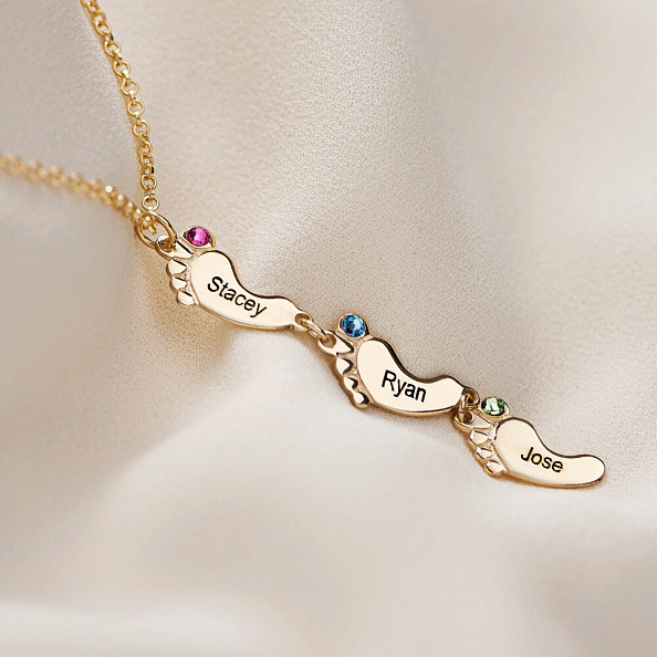 Vertical Baby Feet Necklace With Birthstones PWB161
