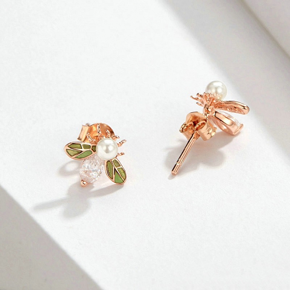 Rose Gold Pearl Bee Stud Earrings PWB441
