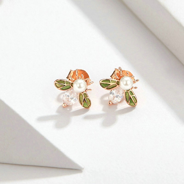 Rose Gold Pearl Bee Stud Earrings PWB441
