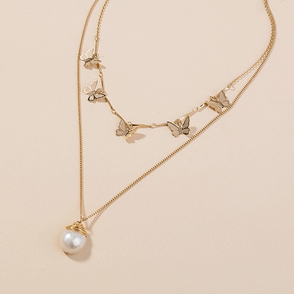 Butterfly and pearl multi - layered necklace PW931