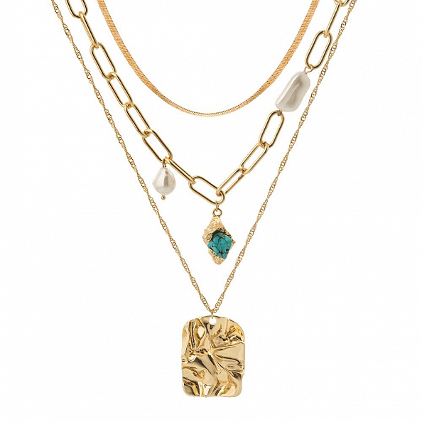 Multi - layered turquoise pearl pendant sweater chain PWB184