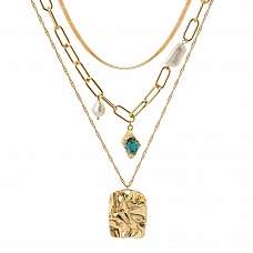 Multi - layered turquoise pearl pendant sweater chain PWB184