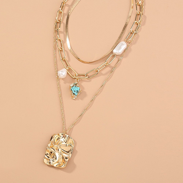 Multi - layered turquoise pearl pendant sweater chain PWB184