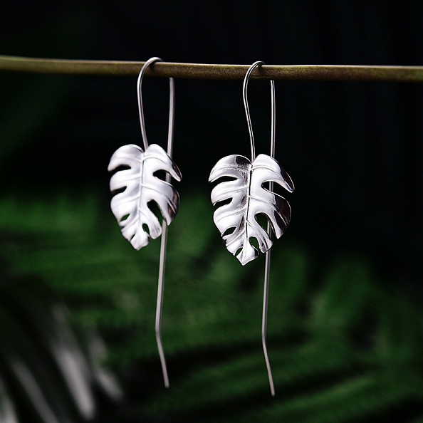 925 Sterling Silver Handmade Monstera Leaves Drop Earrings PWB251
