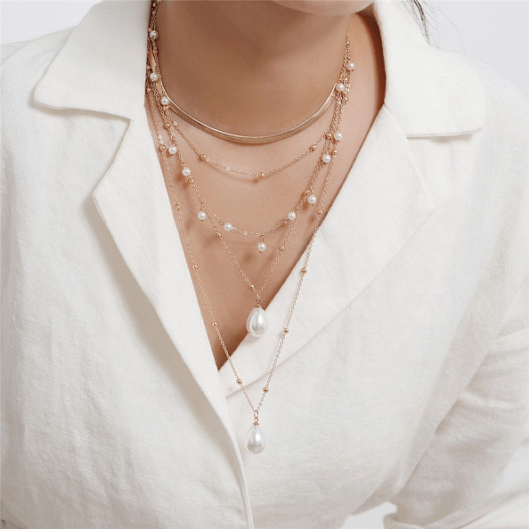 Water Drop Pearl Pendant Gold Multi Layered Necklace PW988
