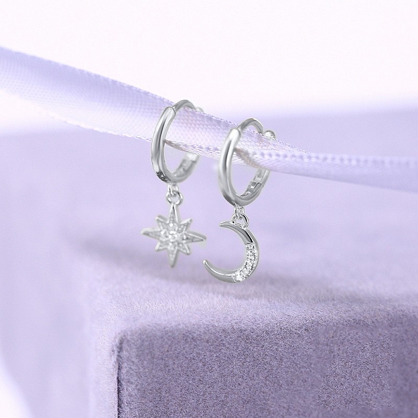 925 Sterling Silver Moon & Star Earrings PWB312