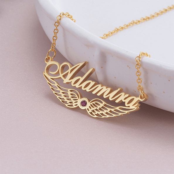 Angel Wing Name Necklace with Birthstone PW937