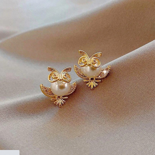 Gold Plated Owl Pearl Earrings PWB496