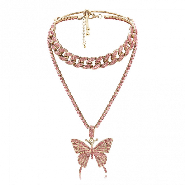 2Pcs Sparking Crystal Pave Butterfly Pendant Necklace PW936