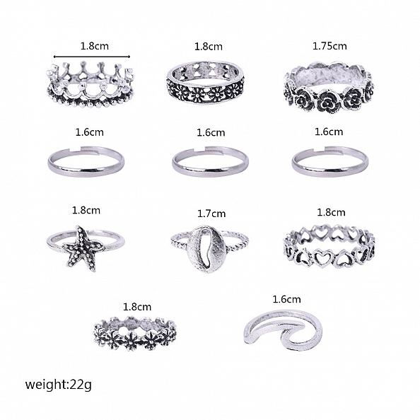 11-piece Starfish Wavy Shell Ring set PWB050