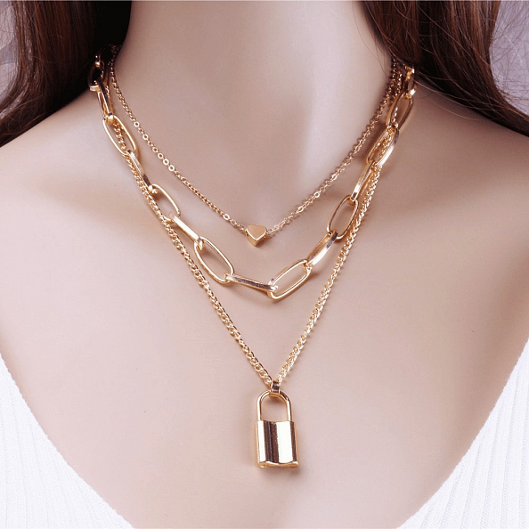 Lock Key Pendant Punk Long Chain  Layered Necklace PW828