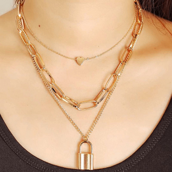 Lock Key Pendant Punk Long Chain  Layered Necklace PW828