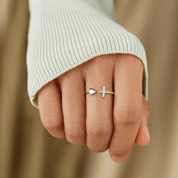 FAITH OVER FEAR CROSS & HEART RING PWB416