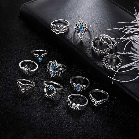 13pcs/set Retro Engraved Crown Star Rings PWB088