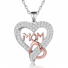 S925 Sterling Silver Double Heart Mom Necklace PWB341