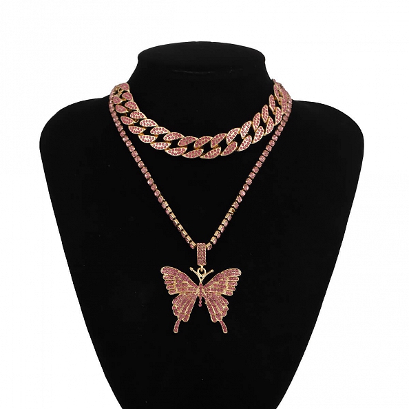 2Pcs Sparking Crystal Pave Butterfly Pendant Necklace PW936