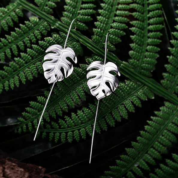 925 Sterling Silver Handmade Monstera Leaves Drop Earrings PWB251