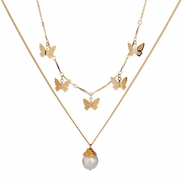 Butterfly and pearl multi - layered necklace PW931