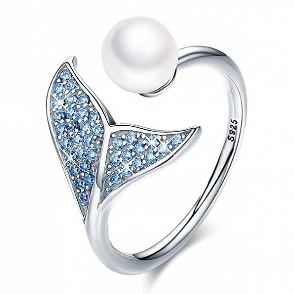 925 Sterling Silver Pearl & Mermaid Tail Ring PWB318