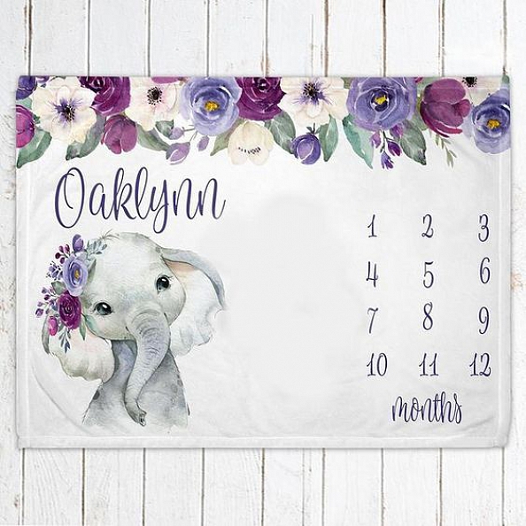 Personalized Baby Girl Miletone Blankets, Baby Girl Elephant Blankets, Personalized Name Blankets, Baby Shower Gift PW145