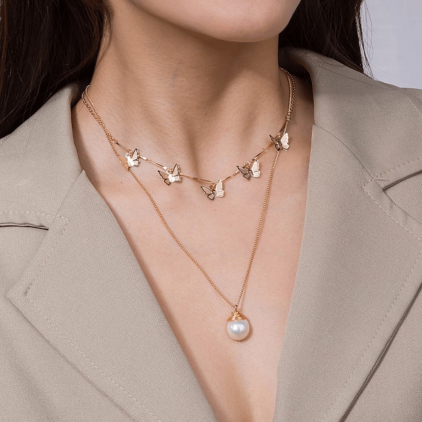 Butterfly and pearl multi - layered necklace PW931