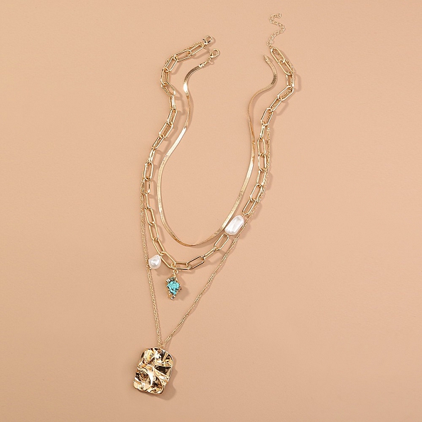 Multi - layered turquoise pearl pendant sweater chain PWB184