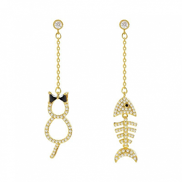 Crystal Cat & Fish Bone Earrings PWB517